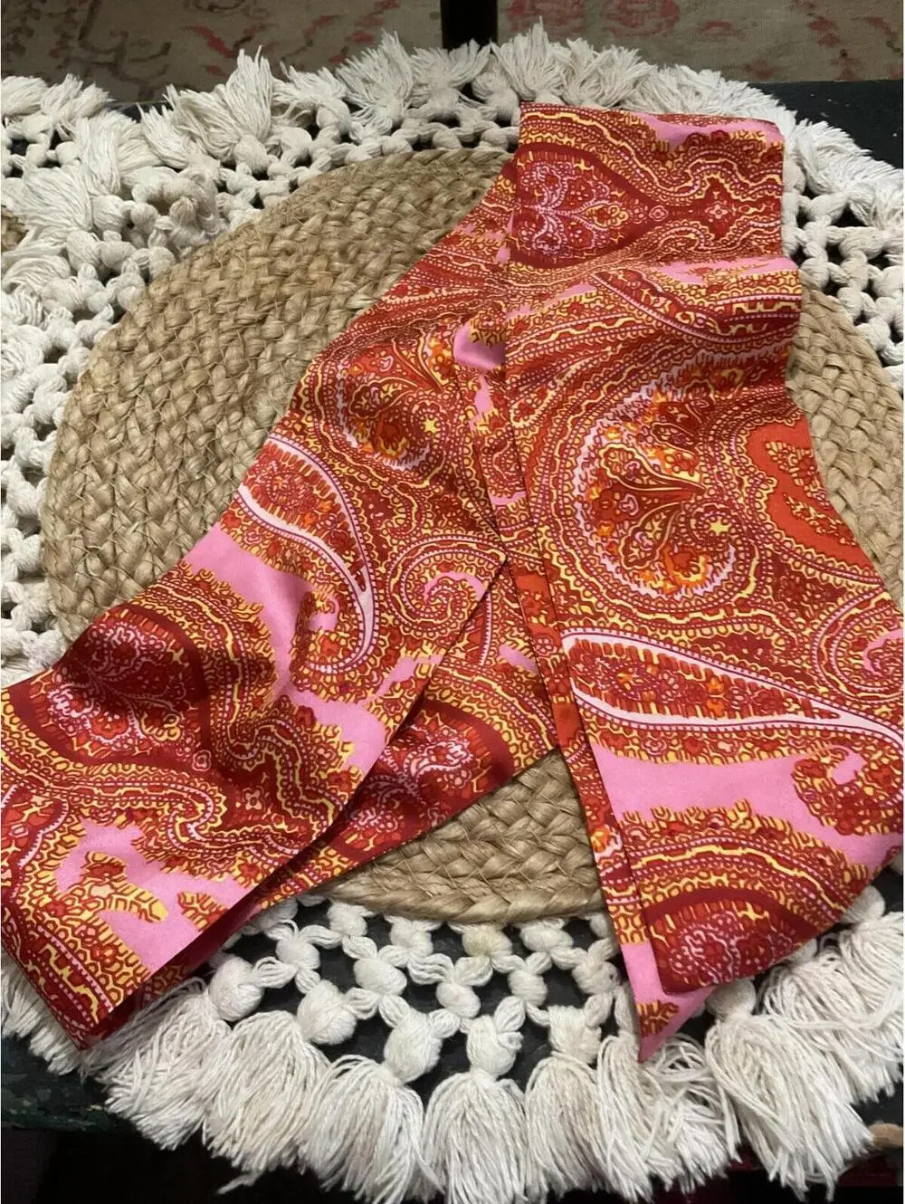 Vintage-Inspired Silk Paisley Print Scarf Hair Tie/ Belt in Pink and Orange